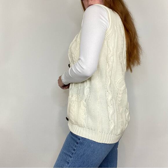 Vintage 70s Small Ivory Chunky Knit Cable Knit Cardigan Style Sweater Vest - Picture 3 of 10